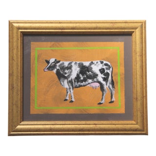 Cow Black White Goldenrod Sepia Lime Green Englih Traditional Folk Art MInimalism Americana Original Oil Painting by Cleo Plowden For Sale