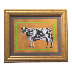 Cow Black White Goldenrod Sepia Lime Green Englih Traditional Folk Art MInimalism Americana Original Oil Painting by Cleo Plowden