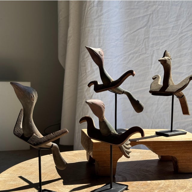 Wood Traditional Indonesian Decorative Wooden Bird on a Base with a Crest and Rounded Wings For Sale - Image 7 of 16