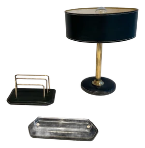 Cellar Quilted Leather Desk Set. French Works in the Style of Jacques Adnet - 3 Piece Set