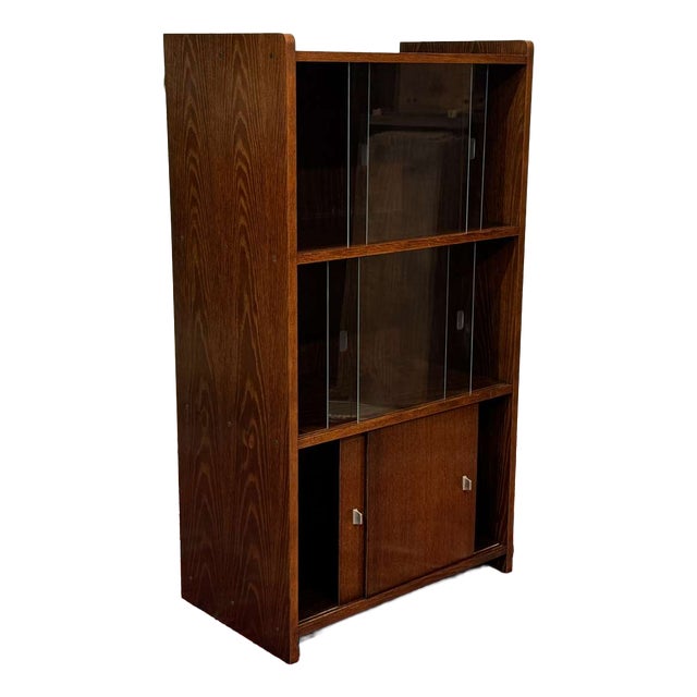 English Oak Bookcase with Sliding Doors, 1960s For Sale