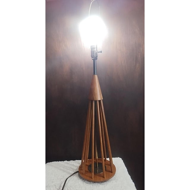 MCM 1960s Danish Modern Large Teak Wood Table Lamp Atomic Botanical Fern Shade For Sale - Image 13 of 13