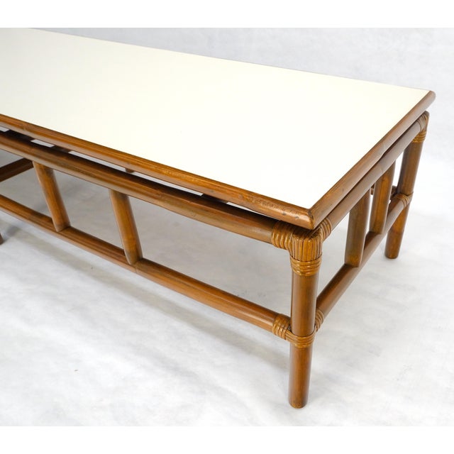 Wood Mid Century c1970s Rattan Bamboo White Formica Top 72” Long Coffee Table MINT For Sale - Image 7 of 15