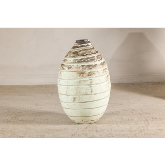 Large Artisan Cream Glazed Ceramic Vase with Brown Striated Bands For Sale - Image 14 of 17