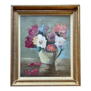 1980s Vintage Original Gouache Painting of Pitcher With Flowers in Gold Frame