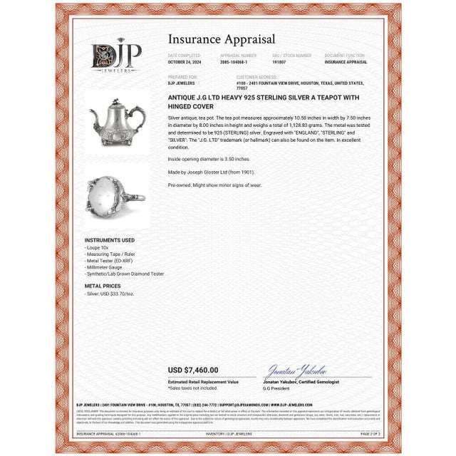 Antique j.g Ltd Heavy 925 Sterling Silver a Teapot With Hinged Cover For Sale - Image 10 of 10