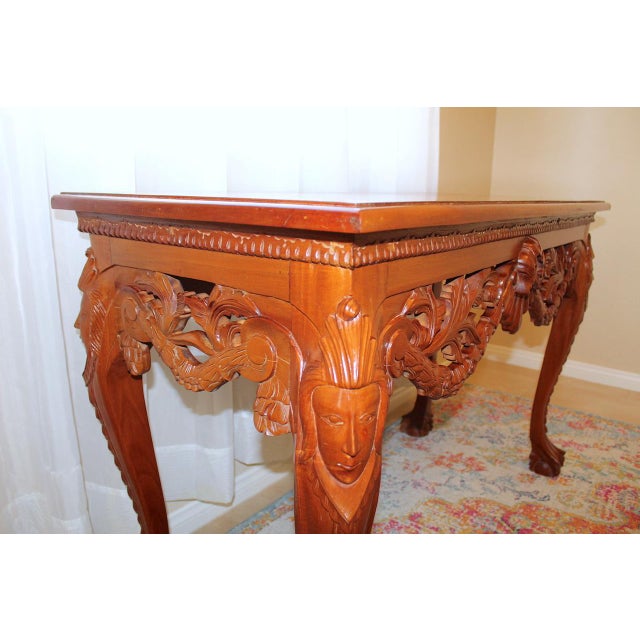 Brown 1950s Vintage Mahogany Console Table - Hand-Carved Chippendale Style With Claw Feet & Ornate Details For Sale - Image 8 of 15