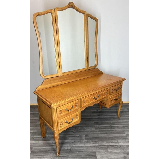 Vintage French Louis Style Oak Dressing Table with Mirror For Sale - Image 10 of 10