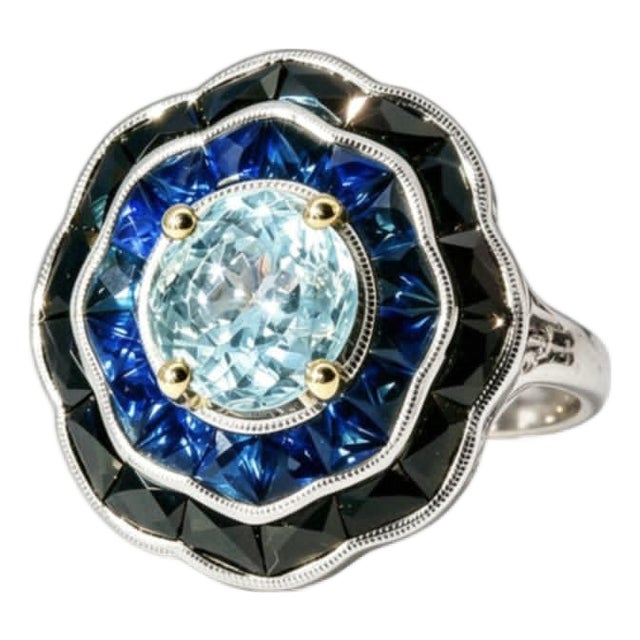 1920s Size 6.75 14K White Gold Art Deco Filigree Sapphire Onyx Diamond Aquamarine Ring Estate For Sale