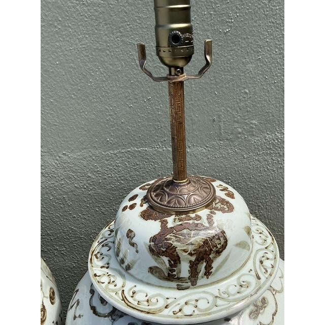 Chinoiserie Vintage Monumental Glazed Ceramic Koi Lamps - A Pair For Sale - Image 3 of 12