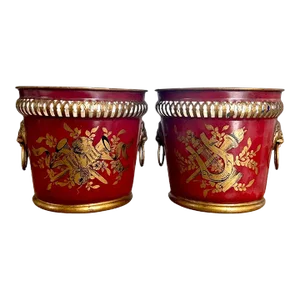 Vintage French Neoclassical Ruby Red & Giit / Gold Tole Lion Cachepot / Cache Pot / Planters With Lion Head Ring Handles, a Pair
