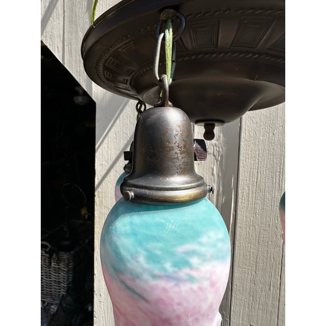 American Vintage Brass Flushmount Fixture With Vintage Cased Glass Tulip Shades For Sale - Image 3 of 7