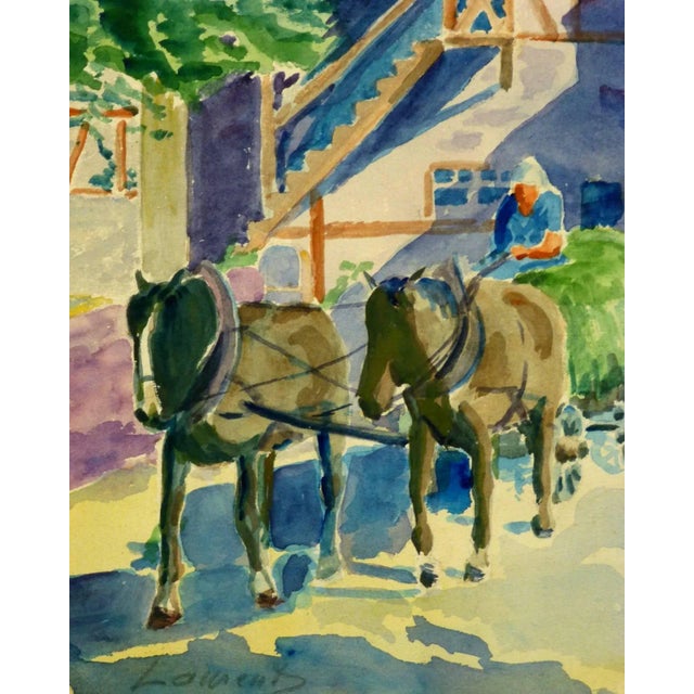 Bright and colorful early 20th century French watercolor of horse & carriage coming through Tudor-style town gates, by...