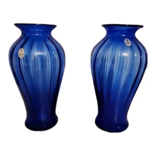 Vintage Fenton Usa 9.5" Cobalt Blue Stripe Vases-Set of 2 For Sale