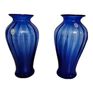 Vintage Fenton Usa 9.5" Cobalt Blue Stripe Vases-Set of 2