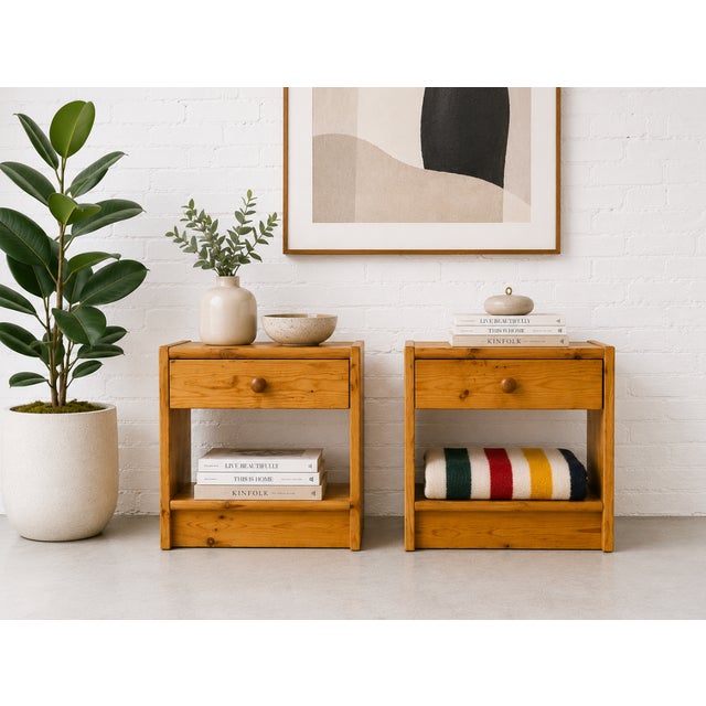 Mid Century Modern Pine Nightstands, Made in Sweden, c. 1970’s. This petite pair is perfect for smaller spaces with its...