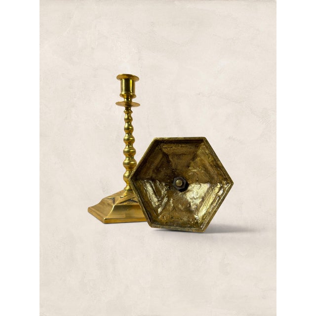 Brass Antique English Edwardian Brass Hexagonal Candlestick Holders For Sale - Image 8 of 18