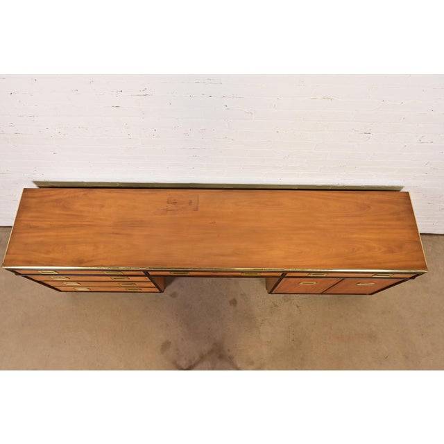 Baker Furniture Mid-Century Hollywood Regency Campaign Satinwood Desk or Executive Credenza, Circa 1960s For Sale - Image 9 of 12