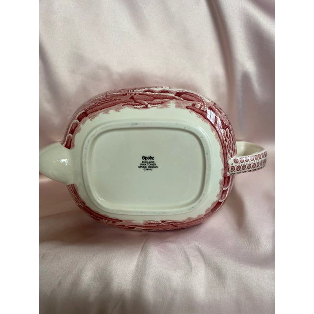 Rare Find; Spode “Pink Tower” Design; English Transferware Tea Pot.Charming; Unique Handle Loop-Single Rest & Loop-Kick Shapes. For Sale - Image 11 of 11