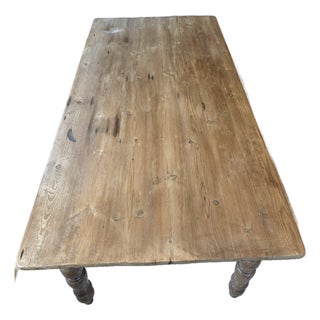 1990s Estate English Pine Custom Made Farm Table W/Turned Legs For Sale