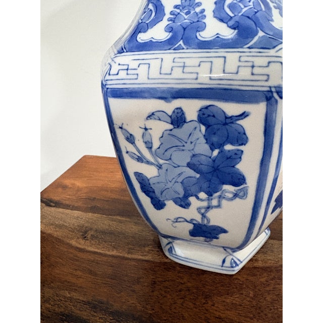 Blue Vintage 15″ Blue & White Ceramic Vase, Hexagonal Shape, Hand‑Painted Floral Design For Sale - Image 8 of 9