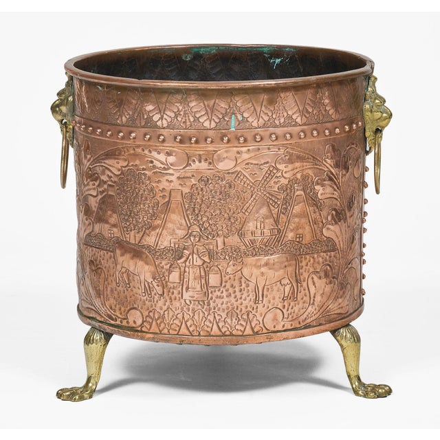 Antique Dutch large embossed copper bucket decorated with the Coat of Arms of Rotterdam on one side and a typical Dutch...