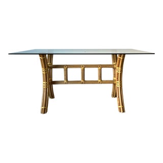 McGuire -Style Rattan and Leather Dining Table For Sale