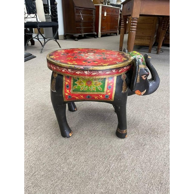 Vintage Handpainted Solid Wooden Elephant FootStool, 15 Inches Tall, Indian Style For Sale - Image 4 of 8