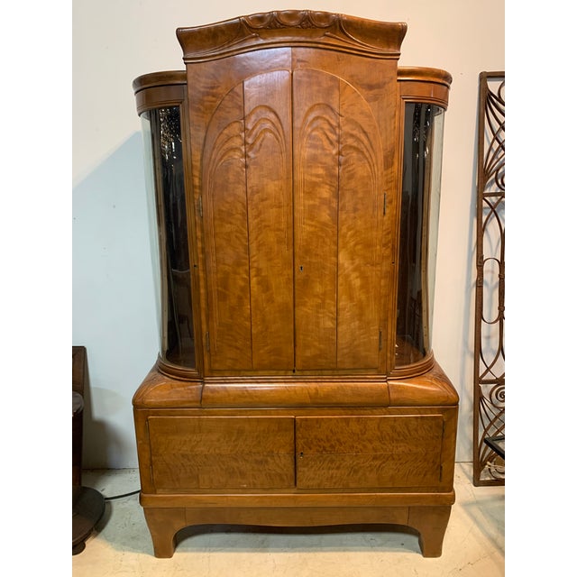 Unusual form, Art Nouveau and Deco style Cabinet From the Netherlands, imported to the US around 1950. All original wood...