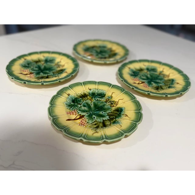 Set of 4 Antique Sarreguemines French Majolica Grape Leaf Plates - C. 1890 For Sale - Image 9 of 12