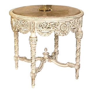 Grand Carved Round Dining Table With Marble Top, Antique White Finish & Hand-Gilded Details For Sale