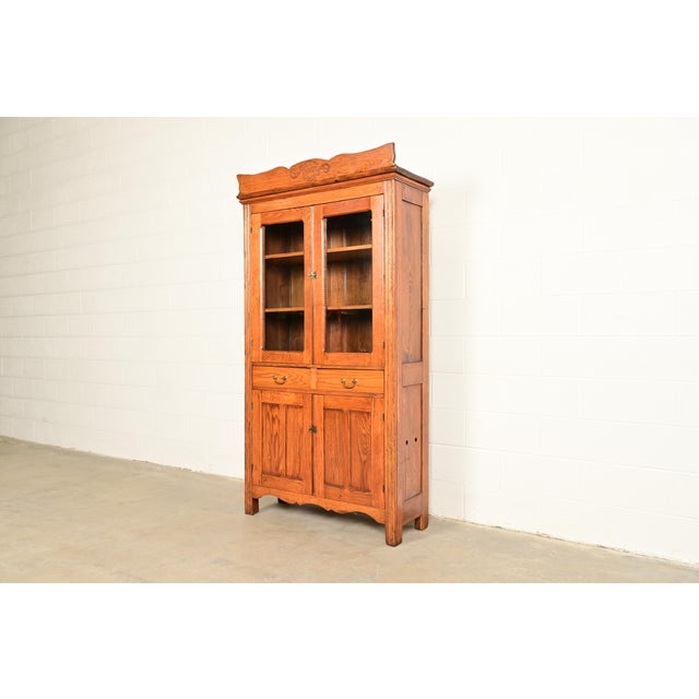 Victorian Antique Victorian Carved Oak Glass Front Bookcase or Dining Cabinet, Circa 1900 For Sale - Image 3 of 17