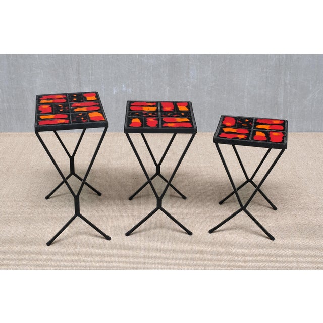 1950s French Modern Nesting Tables with Red and Orange Ceramic Tile Tops, 1950s, Set of 3 For Sale - Image 5 of 15