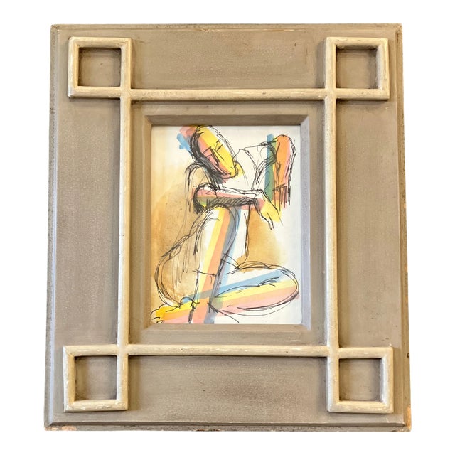 1970’s Vintage Abstract Ink Drawing/Watercolor Painting Male Figure Chunky Decorative Frame For Sale