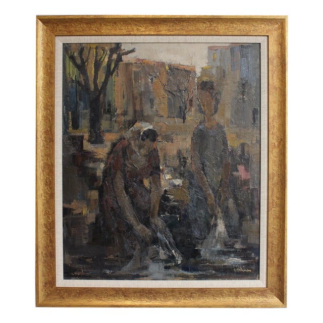 A. Clement, The Washerwomen, 20th Century, Oil Painting on Board, Framed For Sale