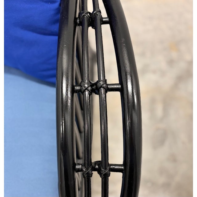 Mid 20th Century Vintage Rattan Lounge Chair in Black Enamel. McGuire-Style Leather Bindings and Stick Reed Details. Performance Cushions, Professionally Refurbished. For Sale - Image 5 of 9