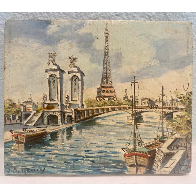 Fantastic miniature painting of Paris. Features harbor scene with boats and the Eiffel Tower. Oil on canvas board measures...