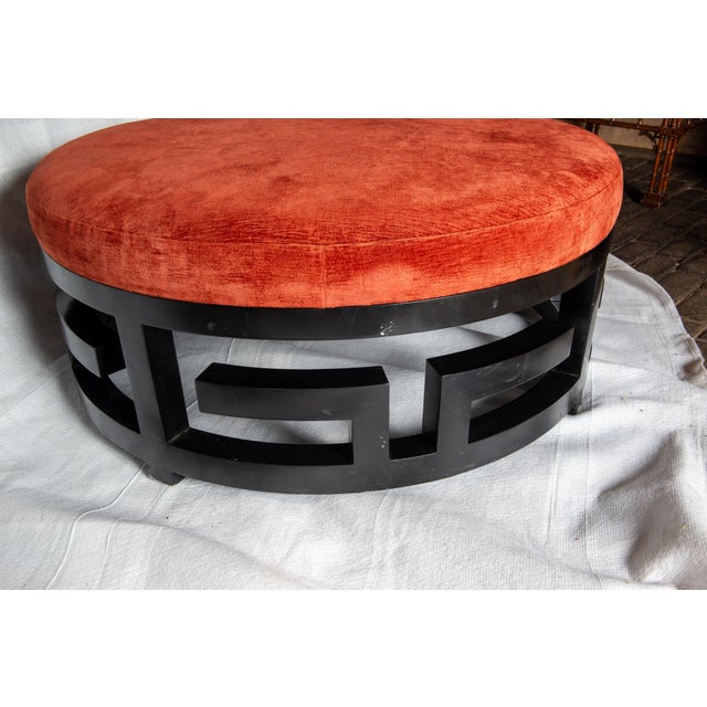 Greek Key Round Ottoman, Wood Base, Orange-Red Velvet, 1980s For Sale - Image 12 of 13