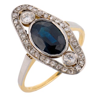 1910s Edwardian 2.10 Carat Sapphire Diamond 18k Yellow Gold Ring, Size 7.5 For Sale