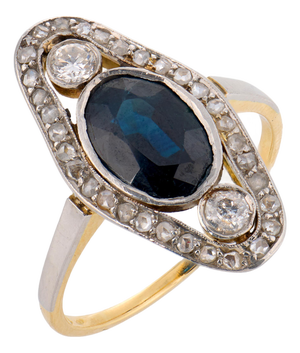 1910s Edwardian 2.10 Carat Sapphire Diamond 18k Yellow Gold Ring, Size 7.5