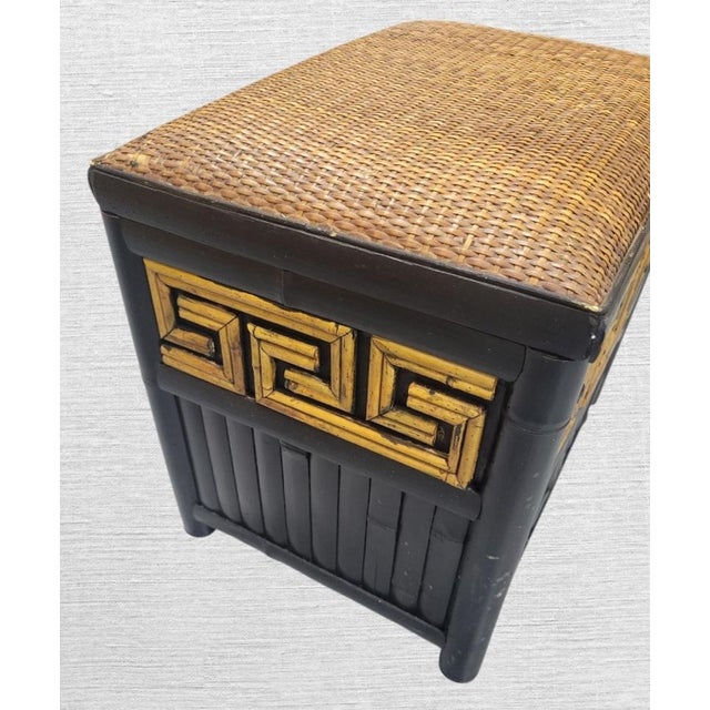 1990s Vintage Wood, Wicker, Bamboo Greek Key Black Brown Padded Footstool Storage Box For Sale - Image 5 of 7