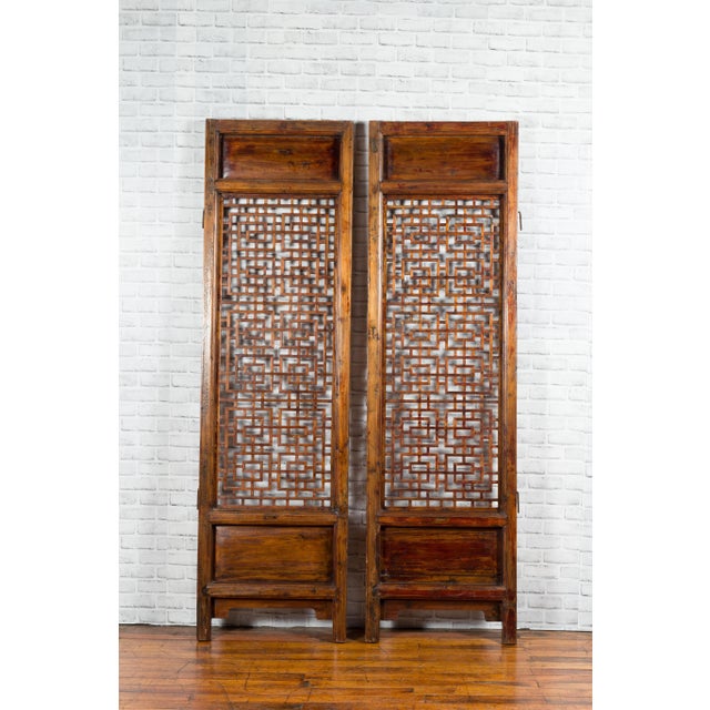 Wood Chinese 19th Century Screens with Fretwork and Low-Relief Carved Panels - A Pair For Sale - Image 7 of 12