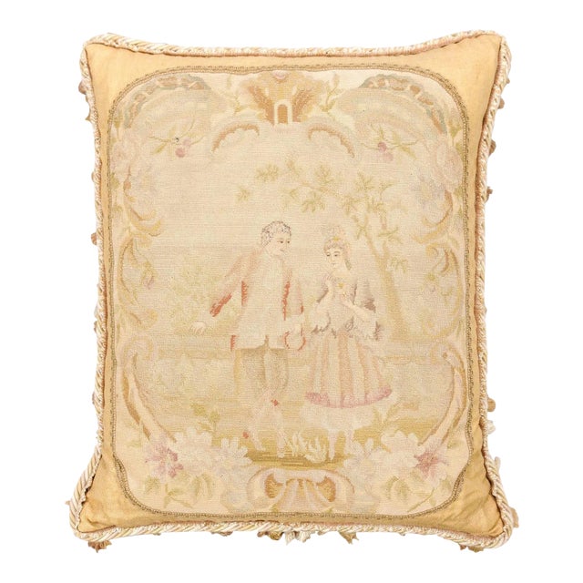 French 19th Century Needlepoint Tapestry Pillow Depicting Two Artistocrates For Sale