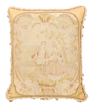 French 19th Century Needlepoint Tapestry Pillow Depicting Two Artistocrates