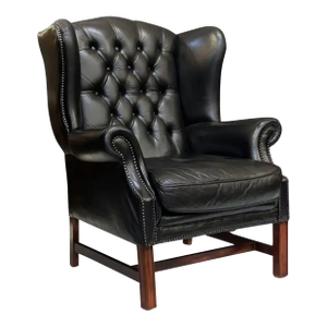 Large English Wing Back Chair of Black Leather in the George III Style