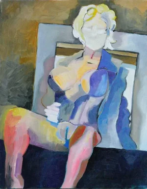 1990s Modernist Seated Nude in a Blue Coat Oil Painting