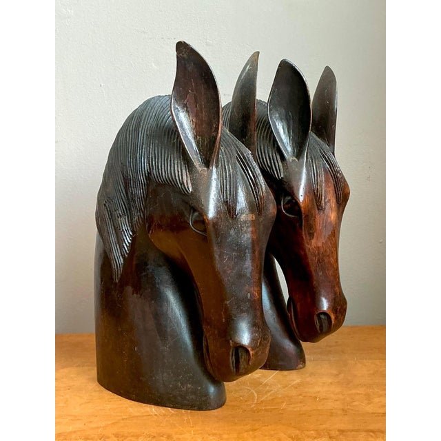 Contemporary Vintage Carved Wood Horse Head Sculptures - Pair For Sale - Image 3 of 15