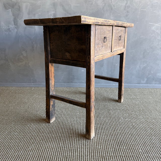 Vintage Elm Wood Console Natural Finish With 2 Drawers For Sale - Image 11 of 13
