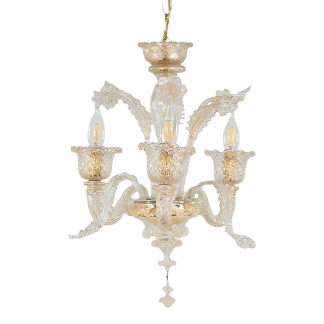 Vintage Traditional Floral Three-Arm 24k Gold Infused Murano Glass Chandelier For Sale