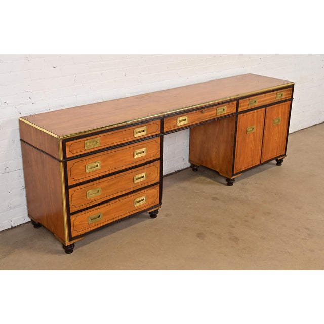 Baker Furniture Company Baker Furniture Mid-Century Hollywood Regency Campaign Satinwood Desk or Executive Credenza, Circa 1960s For Sale - Image 4 of 12